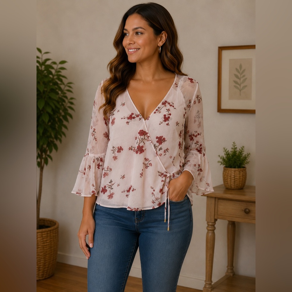 Ralph Lauren Blush Sheer Floral Wrap Top with bell sleeves.